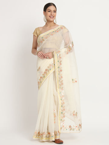 Devkali White and Gold Work Saree