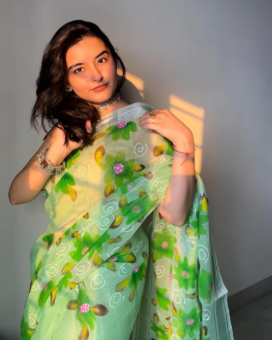 Upvan Green Handprint Saree