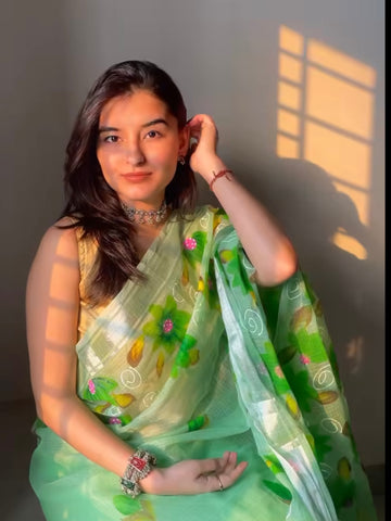 Upvan Green Handprint Saree