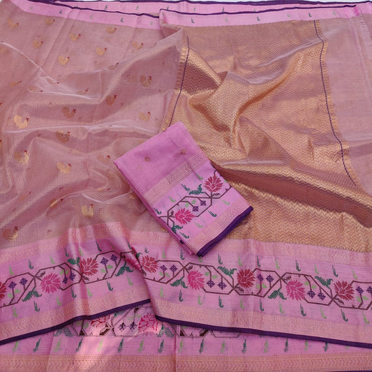 Pure Zari Kota Doria Handloom Dusty Rose Saree