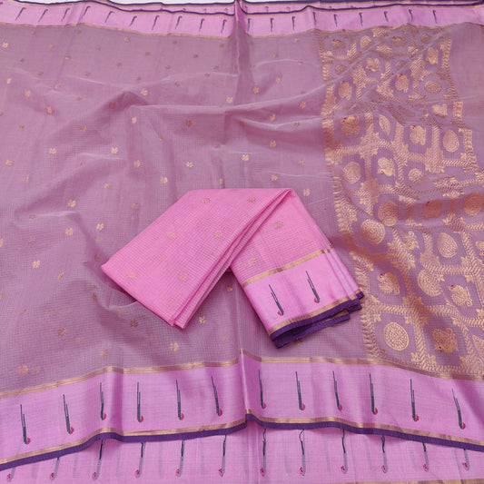 Pure Zari Kota Doria Handloom Dusty Pink Saree