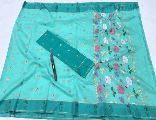 Pure Zari Kota Doria Handloom Aqua Green Saree