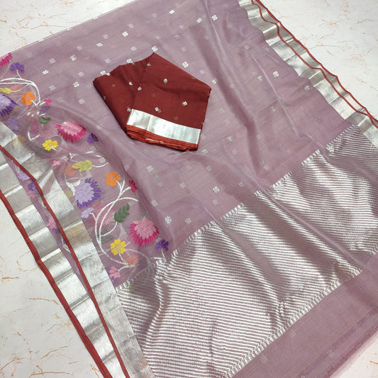 Pure Zari Kota Doria Handloom Dusty Rose Saree